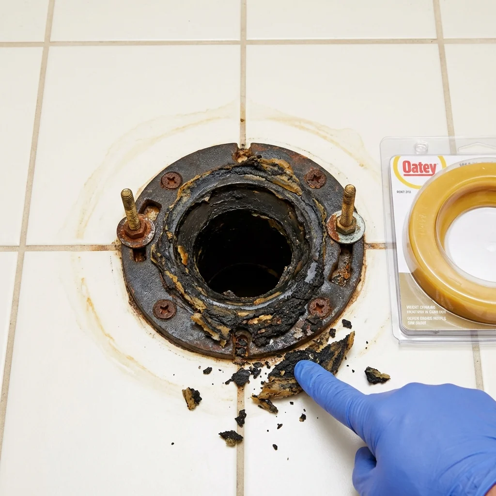 Failed wax ring showing water seepage at the base of a toilet in a Osceola, AR home