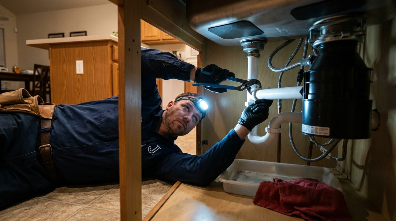 P-trap and supply line connections under a kitchen sink showing a common leak point in Osceola, AR